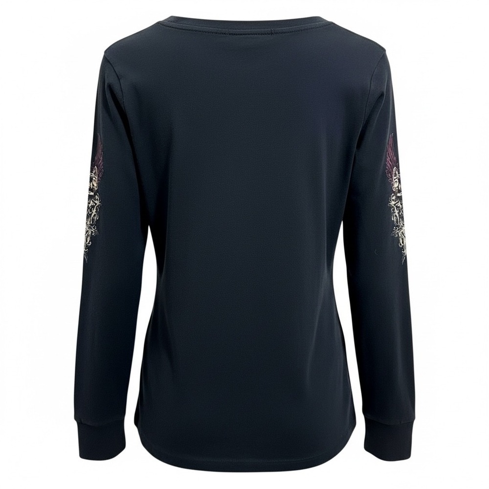 Harley-Davidson Shirt Women Small Black Long Sleeve Skull Wings Graphic V-Neck - Picture 6 of 14